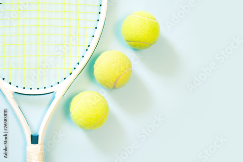 Big tennis ball on blue background. minimal design top view