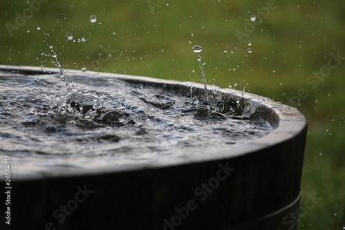rain is falling in a wooden barrel full of water in the garden photo