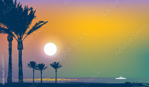 Vector travel banner with tropical seascape. Silhouettes of palm trees and white ship in the sea at sunset or sunrise. Summer poster  flyer  invitation  card  background.