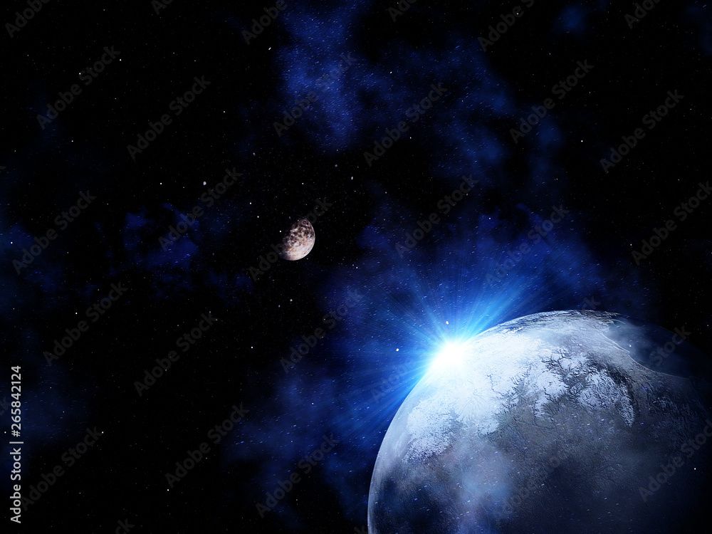 3D space scene with light shining from behind a fictional planet