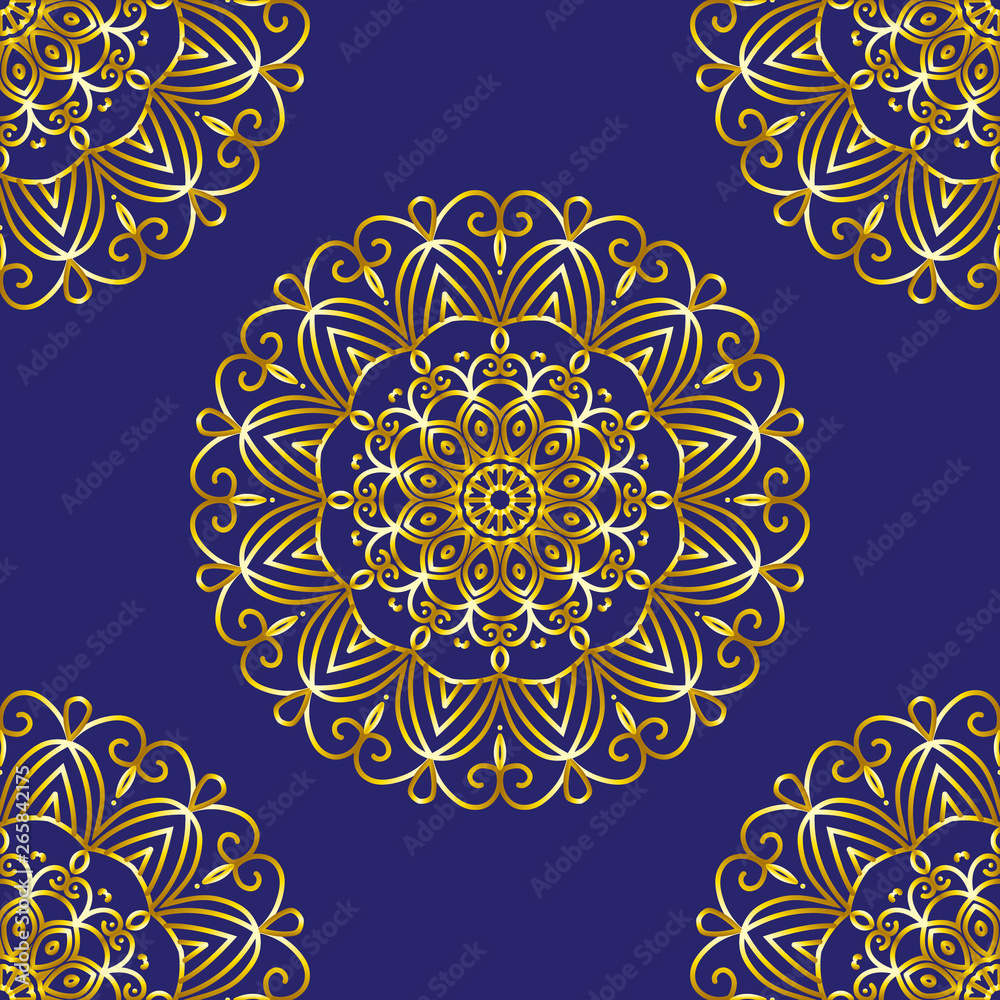 Simple gold circular pattern on dark blue backdrop. Rich wallpaper