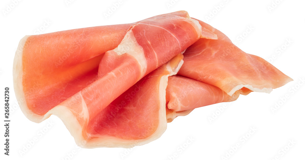 Italian prosciutto crudo or jamon. Raw ham. Isolated on white background Italian prosciutto crudo or jamon. Raw ham. Isolated on white background