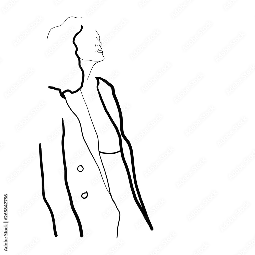 Fototapeta premium Single line woman fashion portrait in minimal graphic hand drawn style. Female carton figure isolated on white background. Beauty simple logo