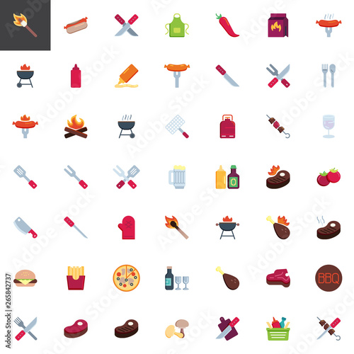 BBQ party elements collection, flat icons set, Colorful symbols pack contains - Barbecue grill, Beef steak meat, Grilled chicken, Sausage, picnic basket. Vector illustration. Flat style design
