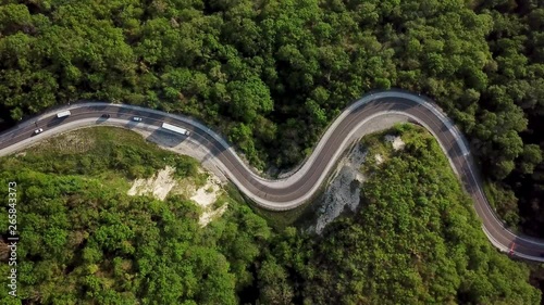 Aerial View Of The Mountain Road between green trees