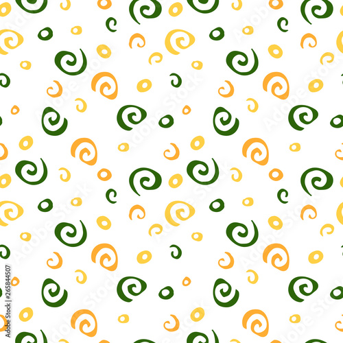 Fototapeta Naklejka Na Ścianę i Meble -  Seamless pattern with yellow, green spiral on a white backdrop. Abstract cartoon wallpaper.