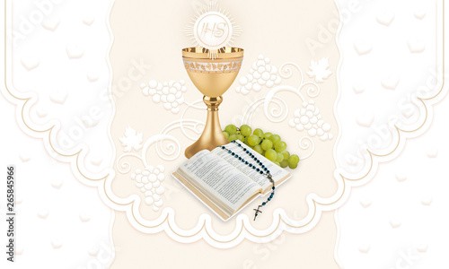 First holy communion, background with glass of wine and grapes