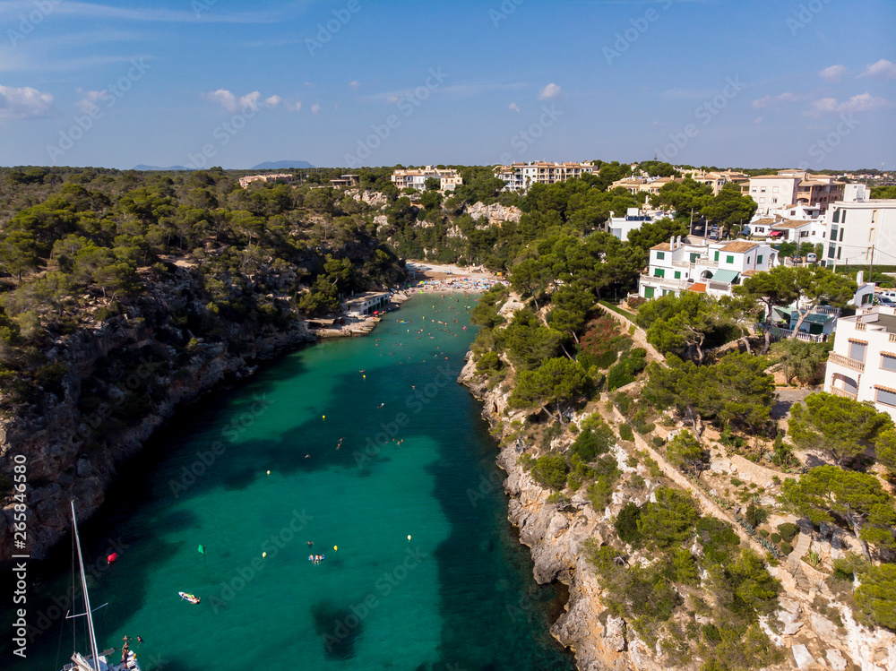 Aerial view, Cala Pi bay, beach and rocky coast, Torre de Cala Pi, Llucmajor municipality, Mallorca, Balearic Islands, Spain