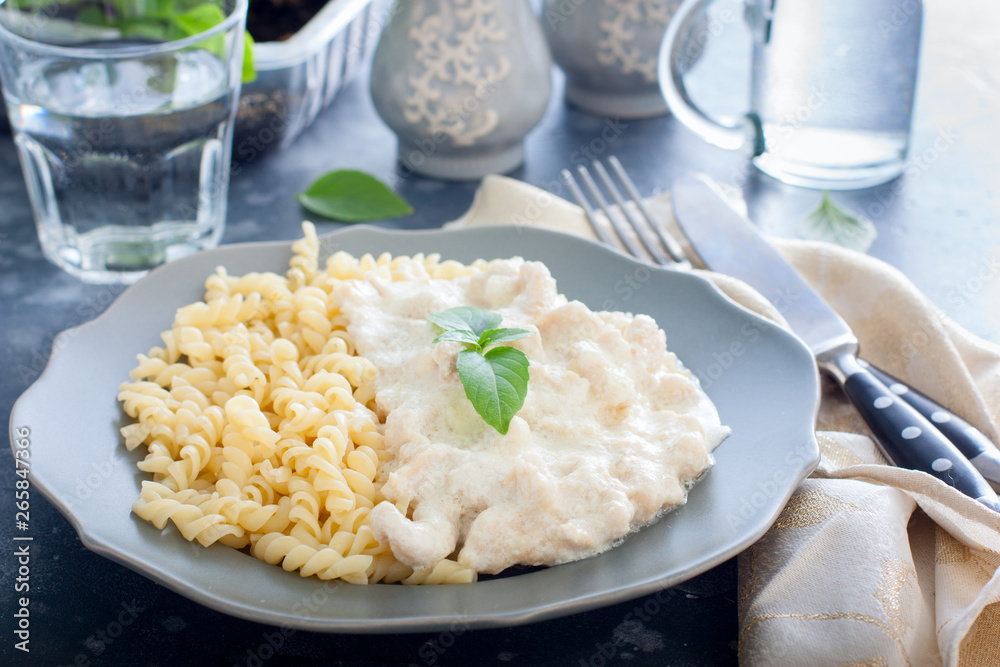 Fricassee, chicken meat in a creamy sauce, with pasta, horizontal Fricassee, chicken meat in a creamy sauce, with pasta, horizontal