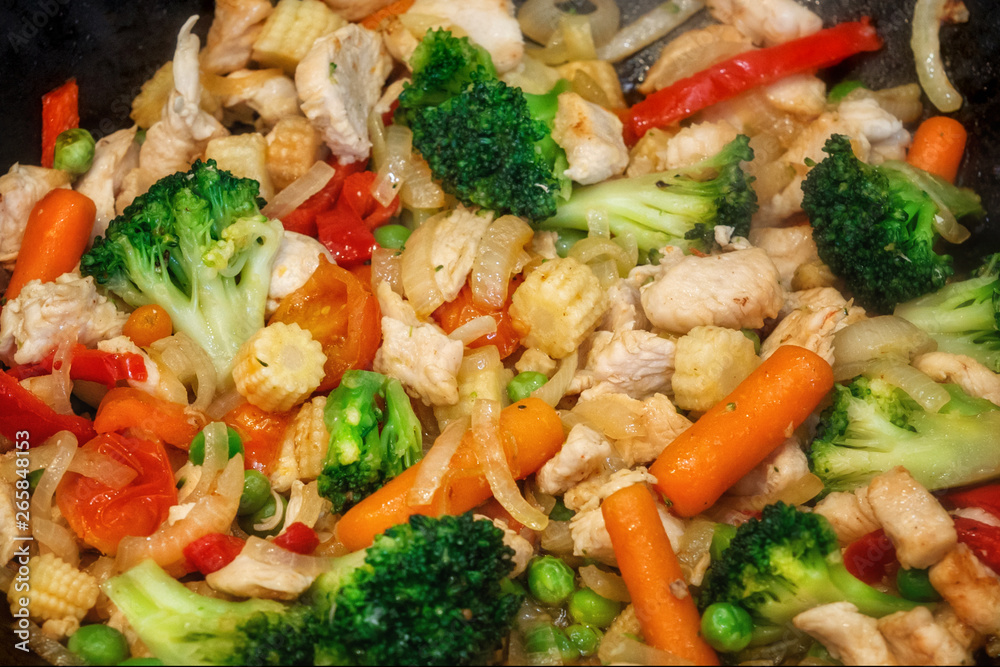 turkey meat stew with fresh vegetables cooked in a wok pan