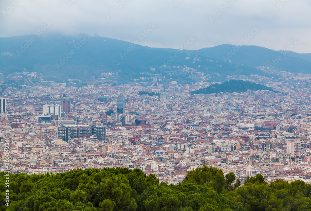 Aerial view of the Barcelona city behind trees on the background of mountains in overcast day, Spain