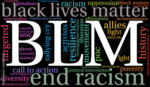 BLM Black Lives Matter Word Cloud on a black background. 