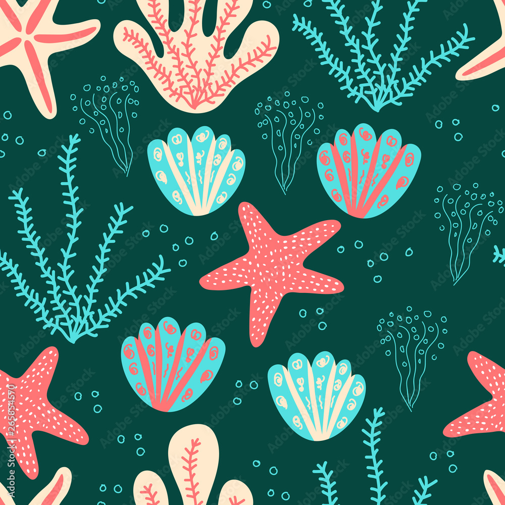 Seamless pattern for kids displaying cartoon undersea world with starfish, seaweed, corals, seashell. Seamless pattern for kids displaying cartoon undersea world with starfish, seaweed, corals, seashell.