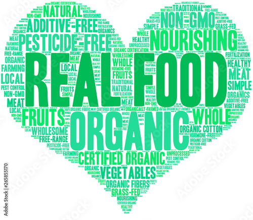 Real Food Word Cloud on a white background. 