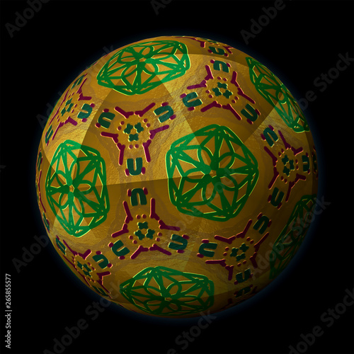 Artfully designed and colorful ball, 3D illustration on black background