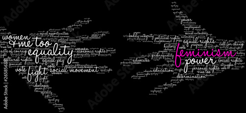 Feminism Word Cloud on a black background. 