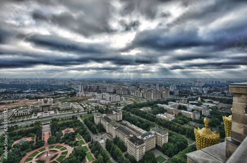 Panorama of Ramenki district and cloudy sky at summer in Moscow, Russia, view from MSU, August 2009