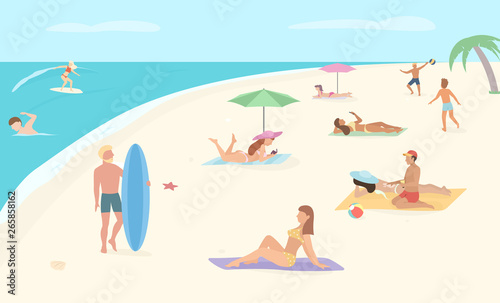 People at beach. Men and women relax, sunbathing, swim and play beach volleyball at the seashore. Summer vacation. Vector illustration