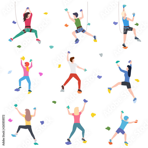 People on the climbing wall. Men  women and children climbing on artificial rock wall. Isolated vector illustration