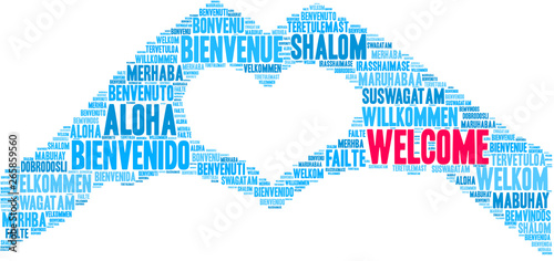 International Welcome Word Cloud on a white background. 