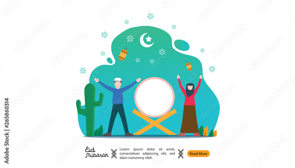 islamic illustration concept for Happy eid mubarak or ramadan. Moeslem celebrates islamic event. template for web landing page, banner, presentation, social, poster, ad, promotion or print media.