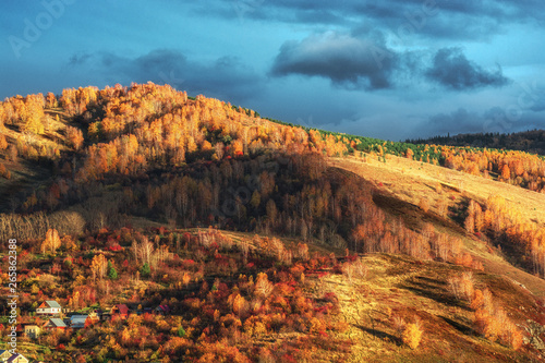 Autumn landscape with a mountain and colorful trees.