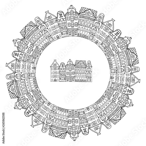 Set Amsterdam old houses cartoon facades. Traditional architecture of Netherlands. Colorful vector illustrations in the Dutch style.