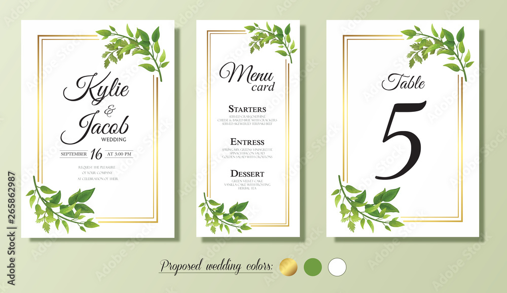  Wedding Invitation, menu, table number card. Floral design with green and gold watercolor leaves, foliage greenery decorative frame print. Vector elegant cute rustic greeting, invite, postcard 