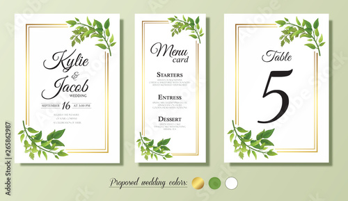  Wedding Invitation, menu, table number card. Floral design with green and gold watercolor leaves, foliage greenery decorative frame print. Vector elegant cute rustic greeting, invite, postcard 