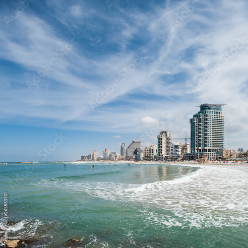 Israel, Tel Aviv-Yafo, cityscape as seen from the beach