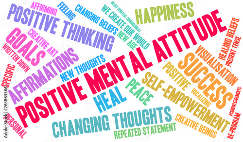 Positive Mental Attitude Word Cloud on a white background. 