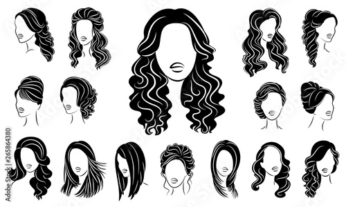 Collection. Silhouette profile of a cute lady s head. The girl shows her hairstyle for medium and long hair. Suitable for logo, advertising. Vector illustration set