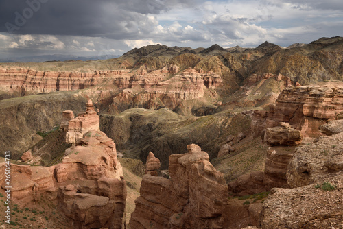 Charyn Canyon National Park with Charyn river and Tien Shen mountains Kazakhstan