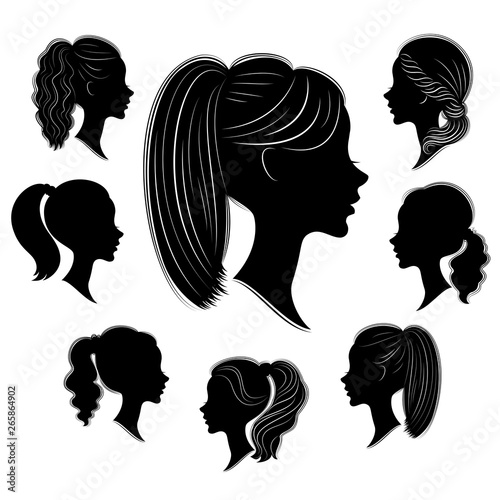 Collection. Silhouette of a head of a sweet lady in different frames. The girl shows a woman s hairstyle on medium and long hair. Suitable for logo, advertising. Set of vector illustrations