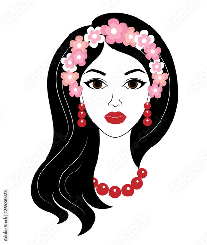 Silhouette of a sweet lady. The girl has beautiful long hair, red beads and earrings. On his head a wreath of flowers. The woman is beautiful and stylish. Vector illustration
