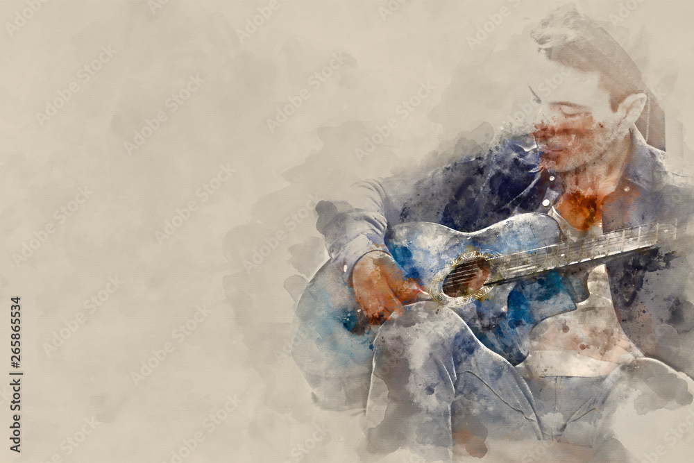 Abstract colorful shape on man playing acoustic guitar watercolor illustration painting background.