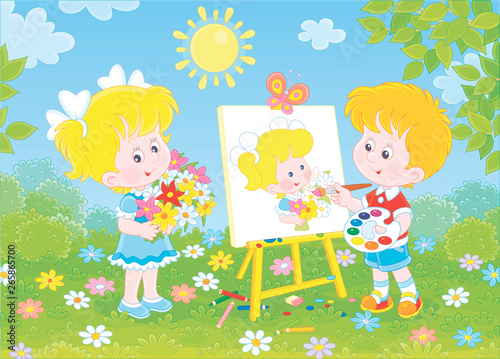 Little boy drawing a portrait of a cute smiling girl with a bouquet of colorful flowers in a green park on a sunny summer day  vector illustration in a cartoon style
