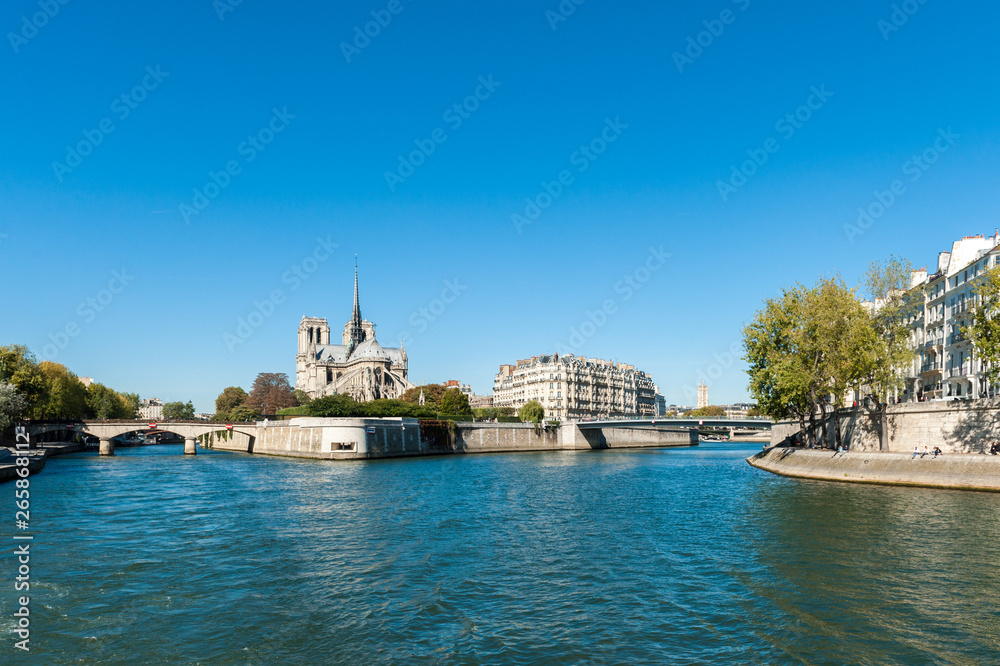 France, Paris, Notre Dame seen from the Seine river