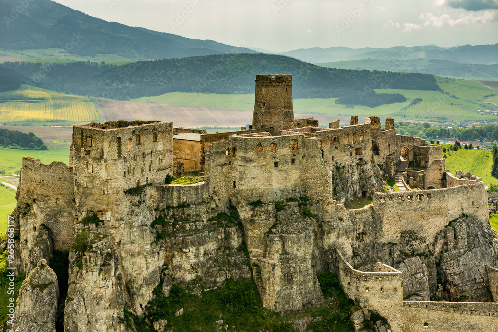 Aerial view of Spis (Spiš, Spišský) castle, second biggest castle in Middle Europe, Unesco Wold Heritage, Slovakia