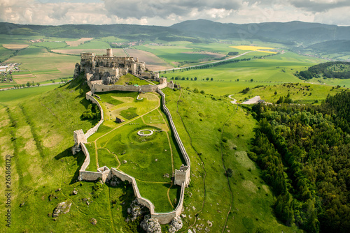 Aerial view of Spis (Spiš, Spišský) castle, second biggest castle in Middle Europe, Unesco Wold Heritage, Slovakia