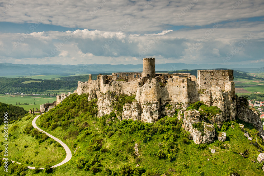 Aerial view of Spis (Spiš, Spišský) castle, second biggest castle in Middle Europe, Unesco Wold Heritage, Slovakia