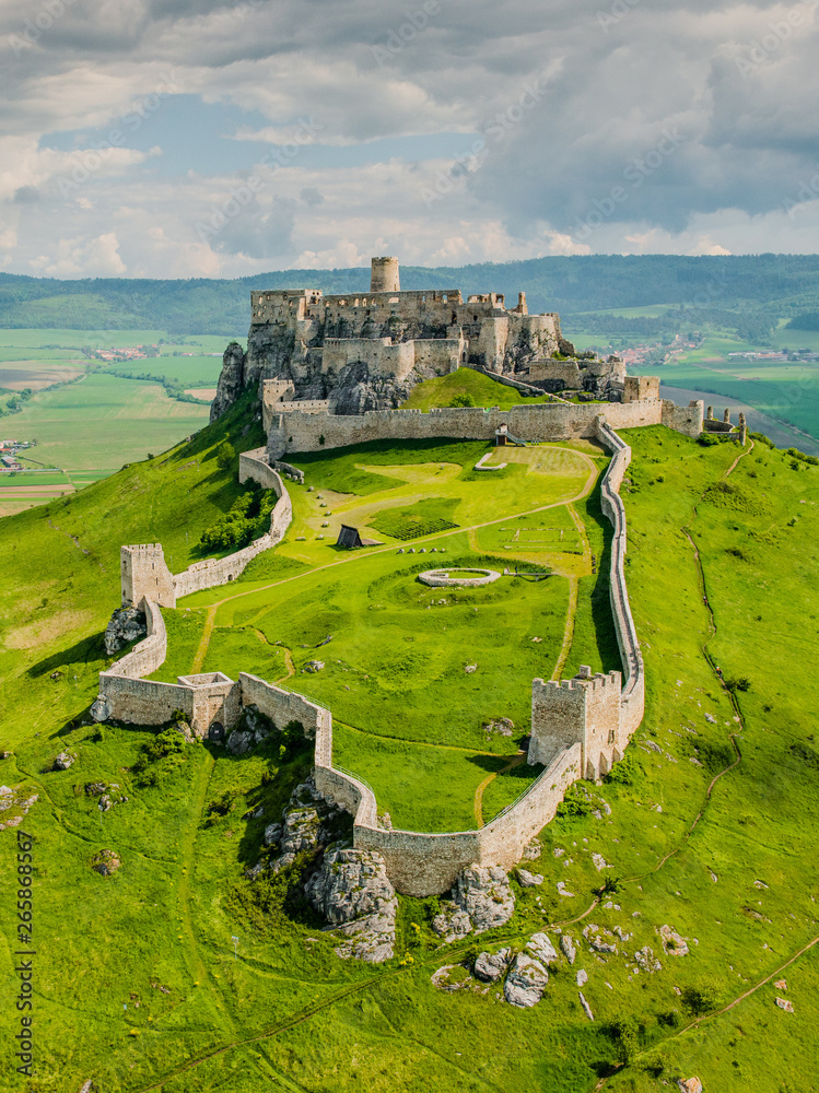 Aerial view of Spis (Spiš, Spišský) castle, second biggest castle in Middle Europe, Unesco Wold Heritage, Slovakia