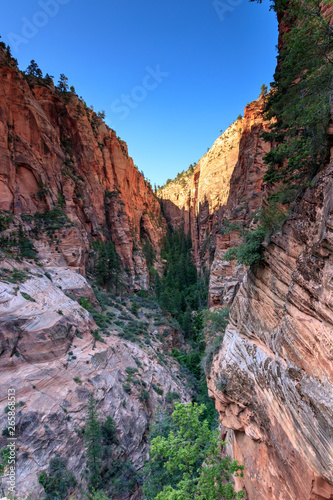 Angels Landing is a rock formation in Zion National Park in southwestern Utah in the United States.It’s steep and very narrow trail for advanced hikers. View of Angels Landing trails