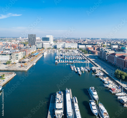 View from above of Kattendijkdok-Westkaai and Jachthaven Willemdok marina  Antwerp  Belgium