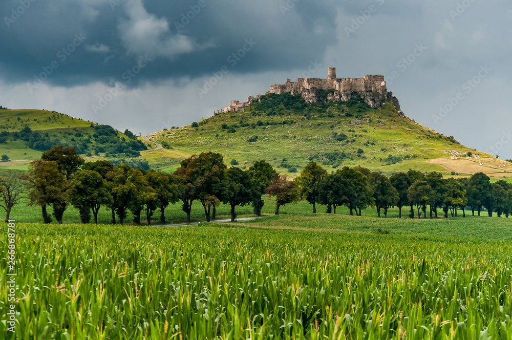 Unique, second biggest castle in Middle Europe - Spis (Spiš, Spišský) castle in rain. Unesco Wold Heritage, Slovakia