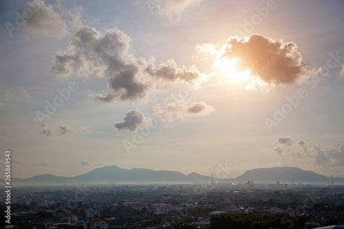 lanscape city town with mountain background.