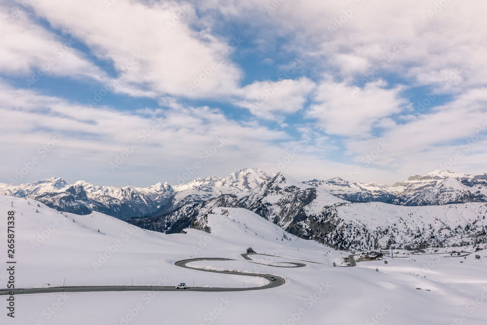Scenic winter landscape with slopes in the mountains, Giau Pass (ital. Passo di Giau), Italy