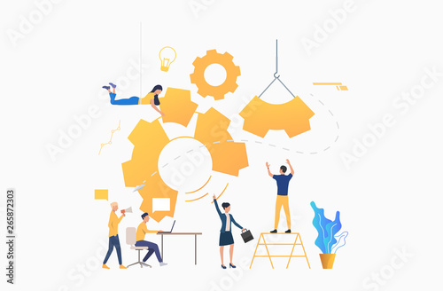 Businesspeople building and driving gear. Teamwork, startup, business process. Management concept. Vector illustration can be used for presentation slide, posters, banners