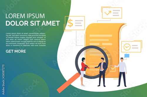 Partners concluding agreement. Partnership, document, magnifying glass. Contract concept. Vector illustration can be used for presentation slides, web pages, layouts