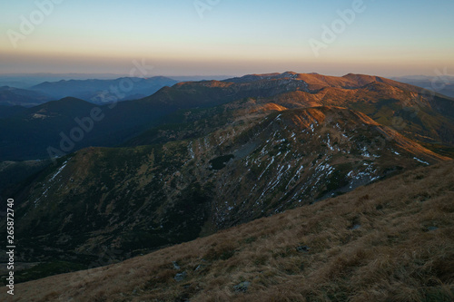 A little snow on mountains sunset - landscape of the Ukrainian Carpathian Mountains, Chornohora